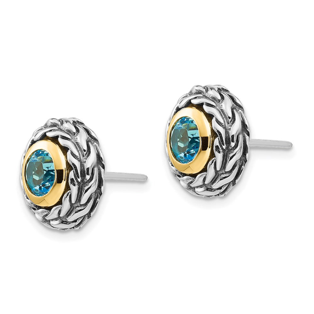 Sterling Silver Antiqued w/14k Lt Swiss Blue Topaz Post Earrings