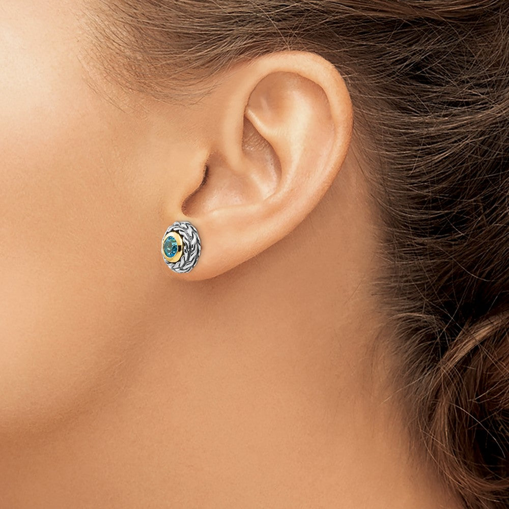 Sterling Silver Antiqued w/14k Lt Swiss Blue Topaz Post Earrings
