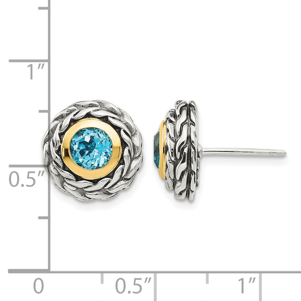 Sterling Silver Antiqued w/14k Lt Swiss Blue Topaz Post Earrings