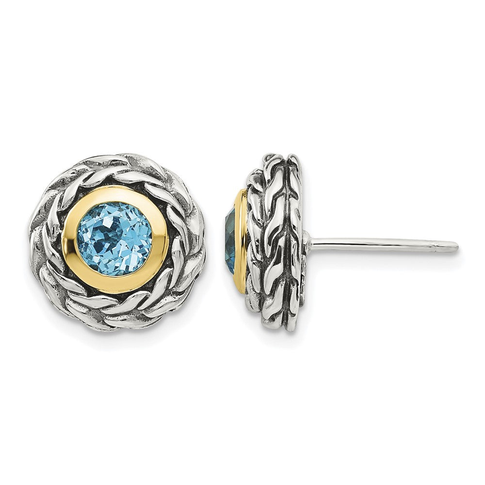 Sterling Silver Antiqued w/14k Lt Swiss Blue Topaz Post Earrings