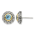 Sterling Silver Antiqued w/14k Lt Swiss Blue Topaz Post Earrings