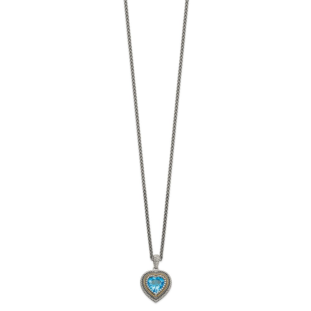 Sterling Silver Antiqued w/14k Lt Swiss Blue Topaz Heart Necklace