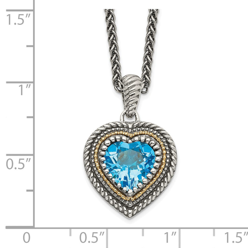 Sterling Silver Antiqued w/14k Lt Swiss Blue Topaz Heart Necklace