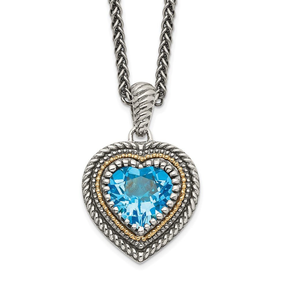 Sterling Silver Antiqued w/14k Lt Swiss Blue Topaz Heart Necklace