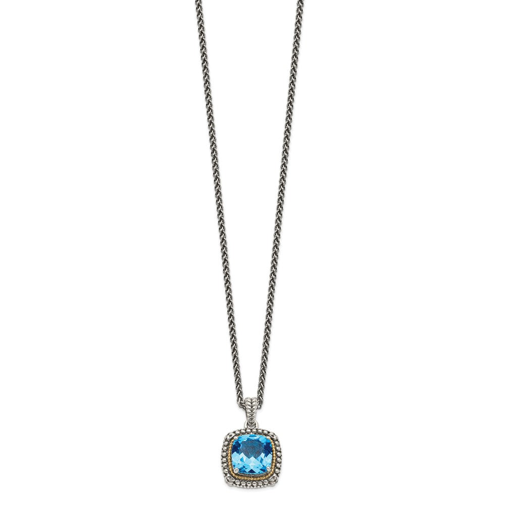 Sterling Silver Antiqued w/14k Lt Swiss Blue Topaz Necklace