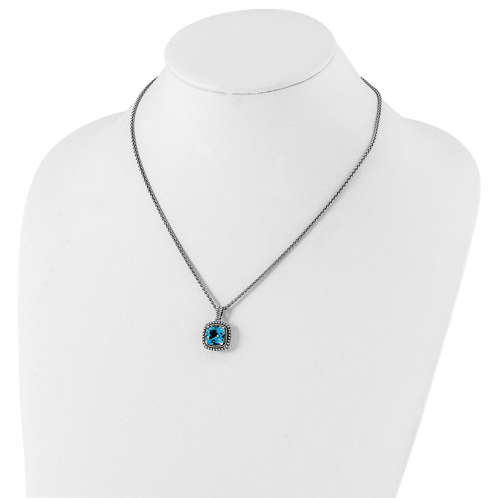 Sterling Silver Antiqued w/14k Lt Swiss Blue Topaz Necklace