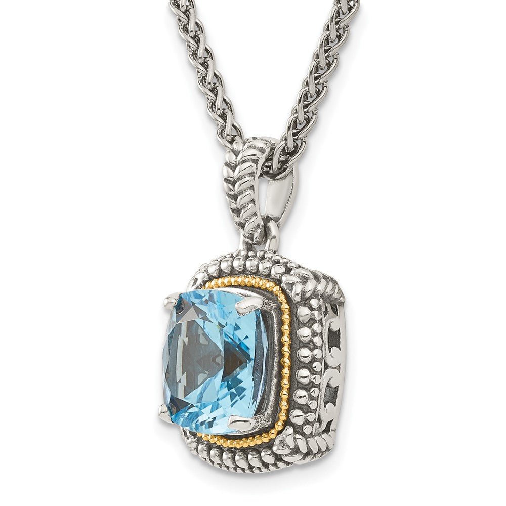 Sterling Silver Antiqued w/14k Lt Swiss Blue Topaz Necklace