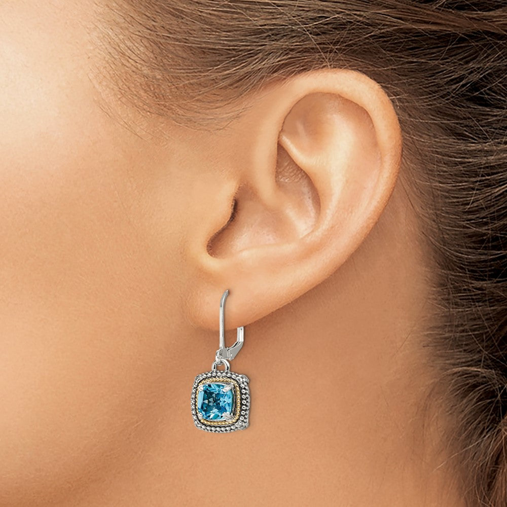 Sterling Silver Antiqued w/14k Lt Swiss Blue Topaz Leverback Earrings