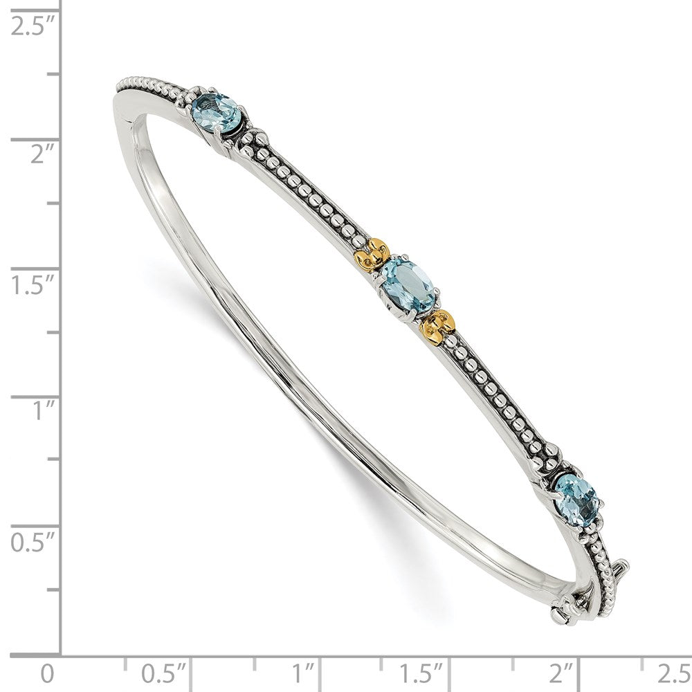 Sterling Silver Antiqued w/14ky Sky Blue Topaz 3 Stone Bangle