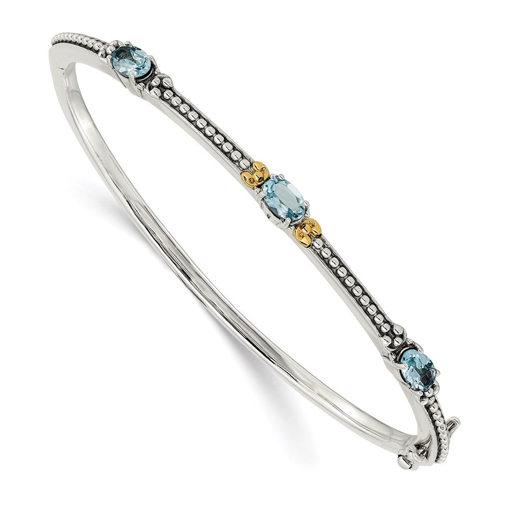 Sterling Silver Antiqued w/14ky Sky Blue Topaz 3 Stone Bangle