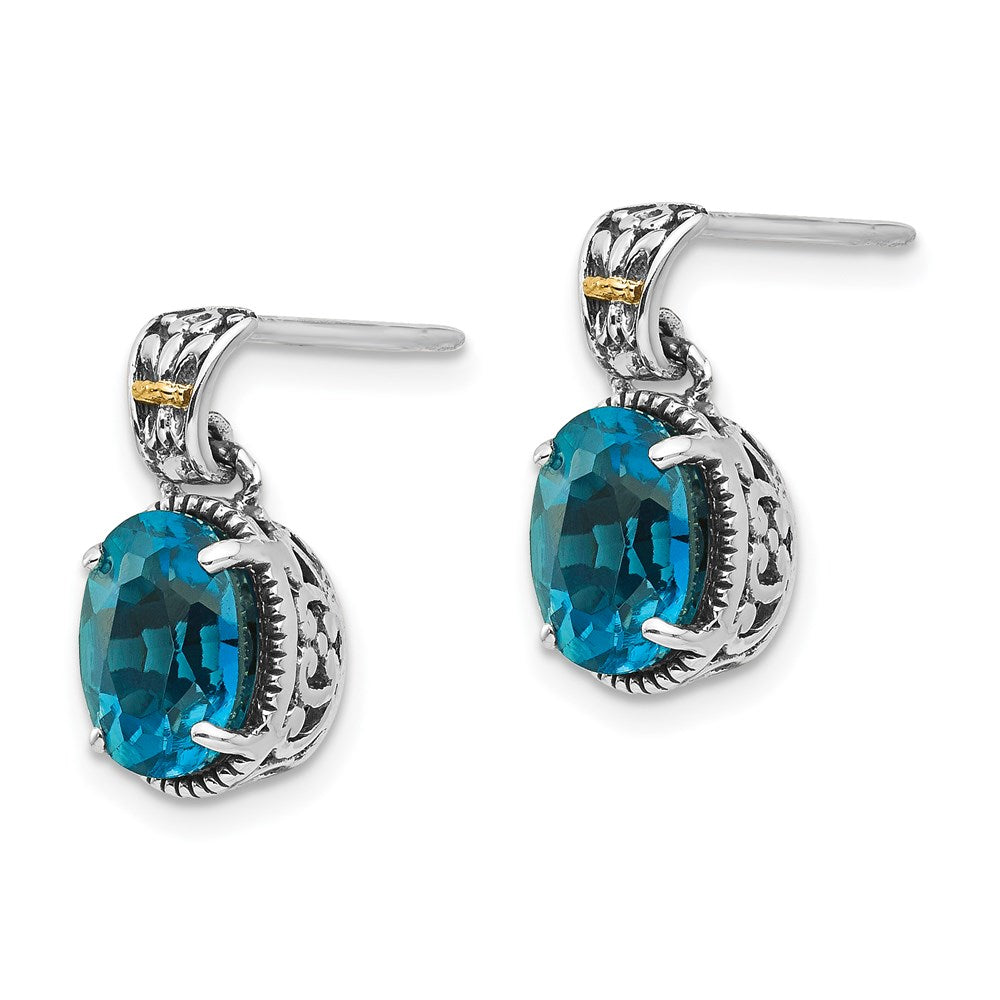 Sterling Silver Antiqued w/14k London Blue Topaz Post Earrings