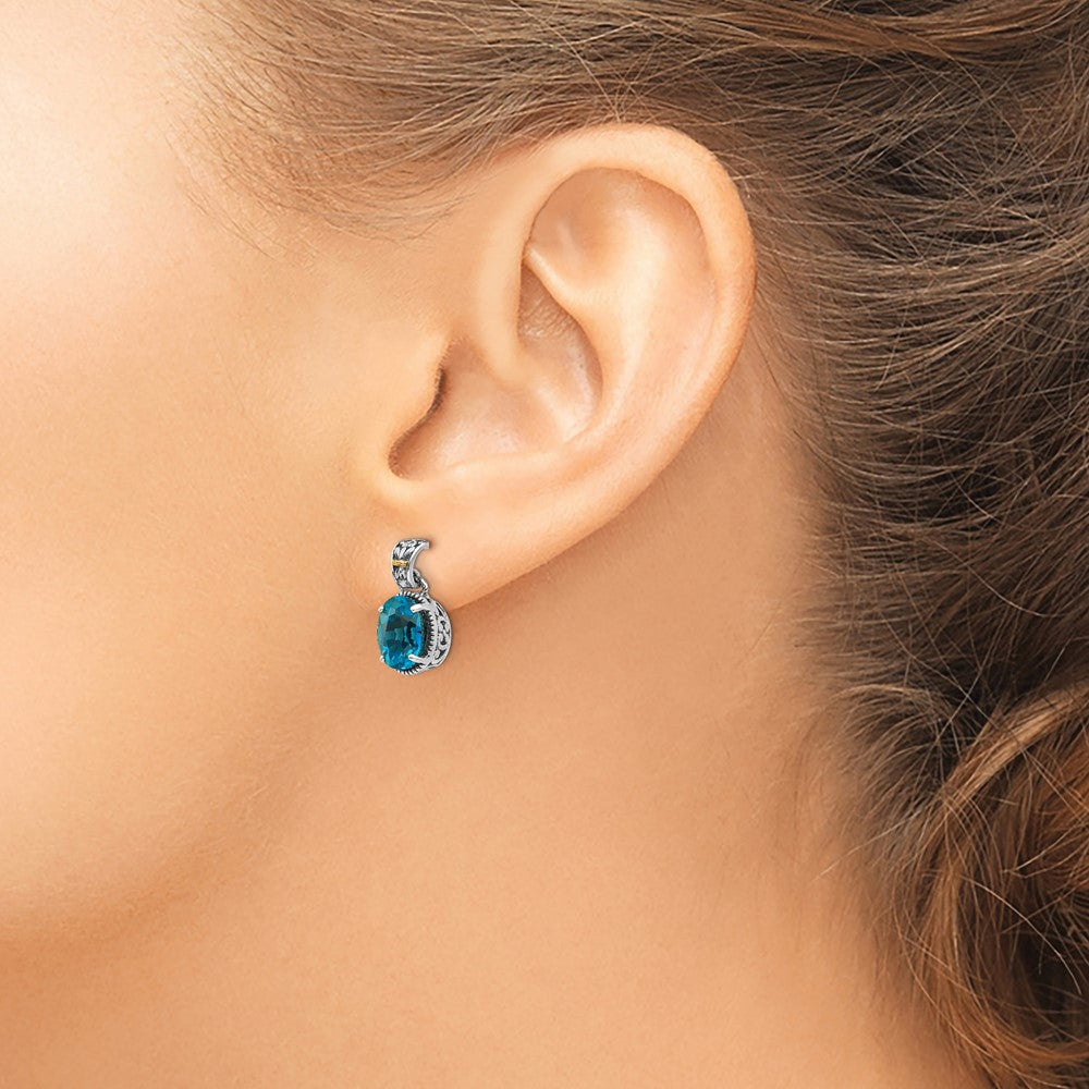 Sterling Silver Antiqued w/14k London Blue Topaz Post Earrings