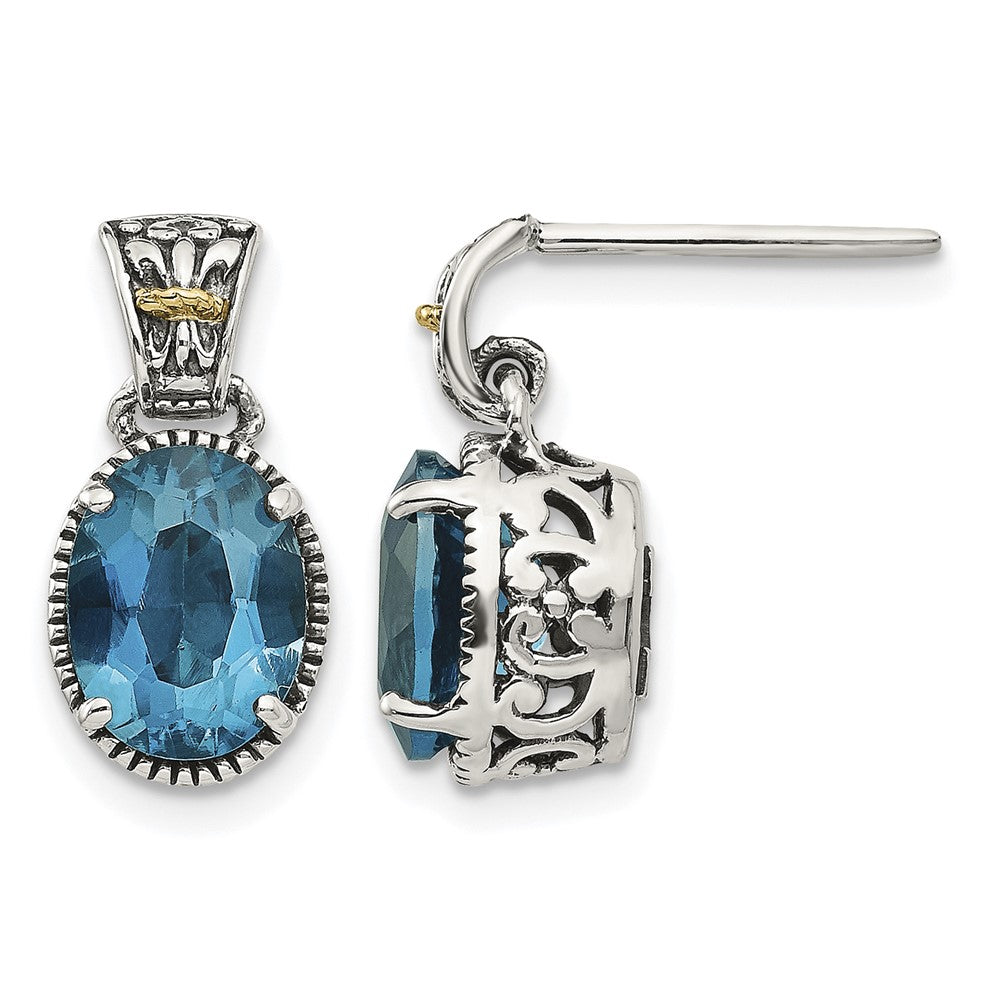 Sterling Silver Antiqued w/14k London Blue Topaz Post Earrings
