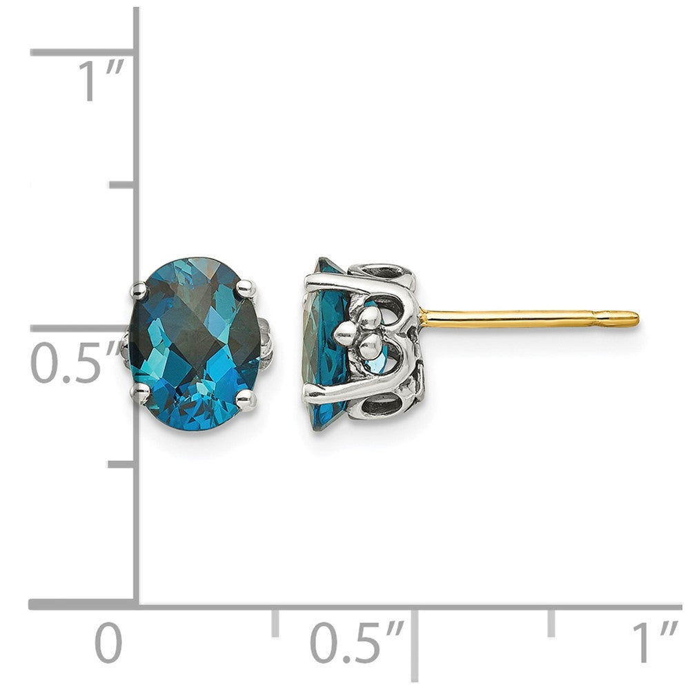 Sterling Silver Antiqued w/14k London Blue Topaz Post Earrings