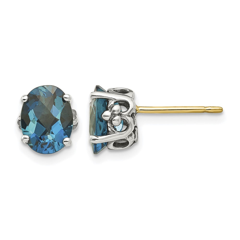 Sterling Silver Antiqued w/14k London Blue Topaz Post Earrings