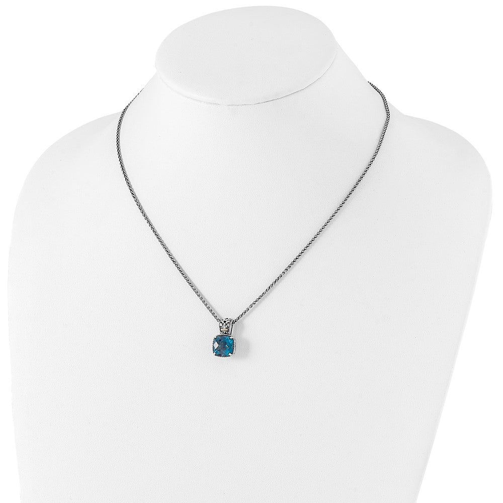 Sterling Silver Antiqued w/14k London Blue Topaz Necklace