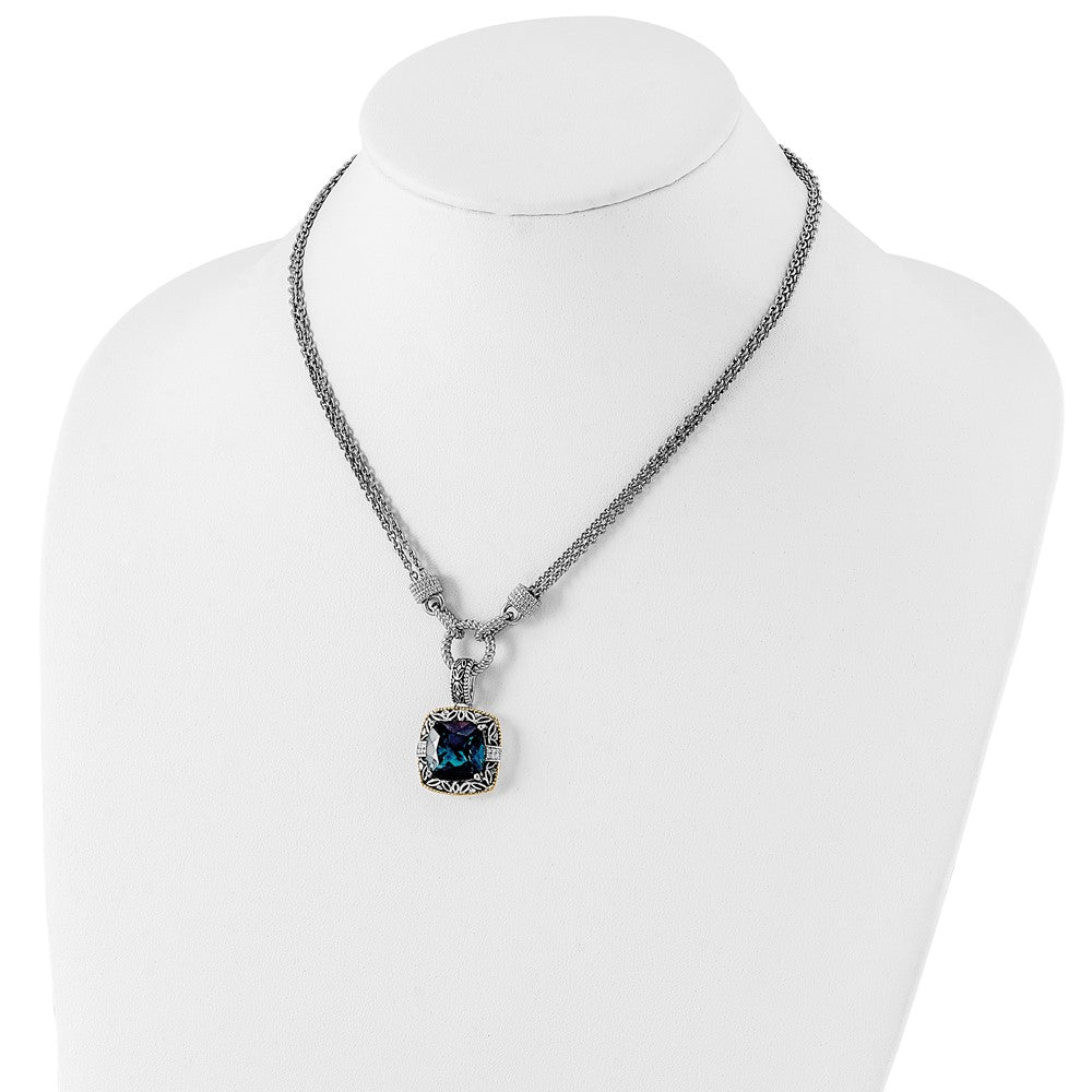 Sterling Silver Antique w/14k London Bl Topaz/Diamond 1in Ext Necklace