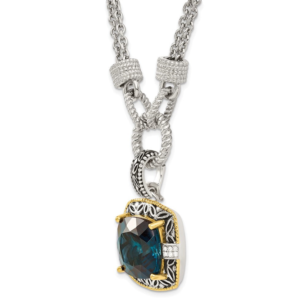 Sterling Silver Antique w/14k London Bl Topaz/Diamond 1in Ext Necklace