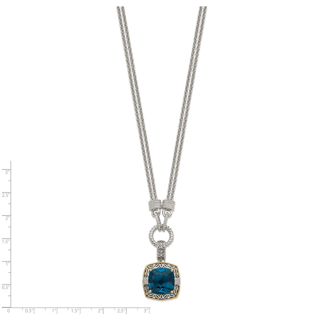 Sterling Silver Antique w/14k London Bl Topaz/Diamond 1in Ext Necklace