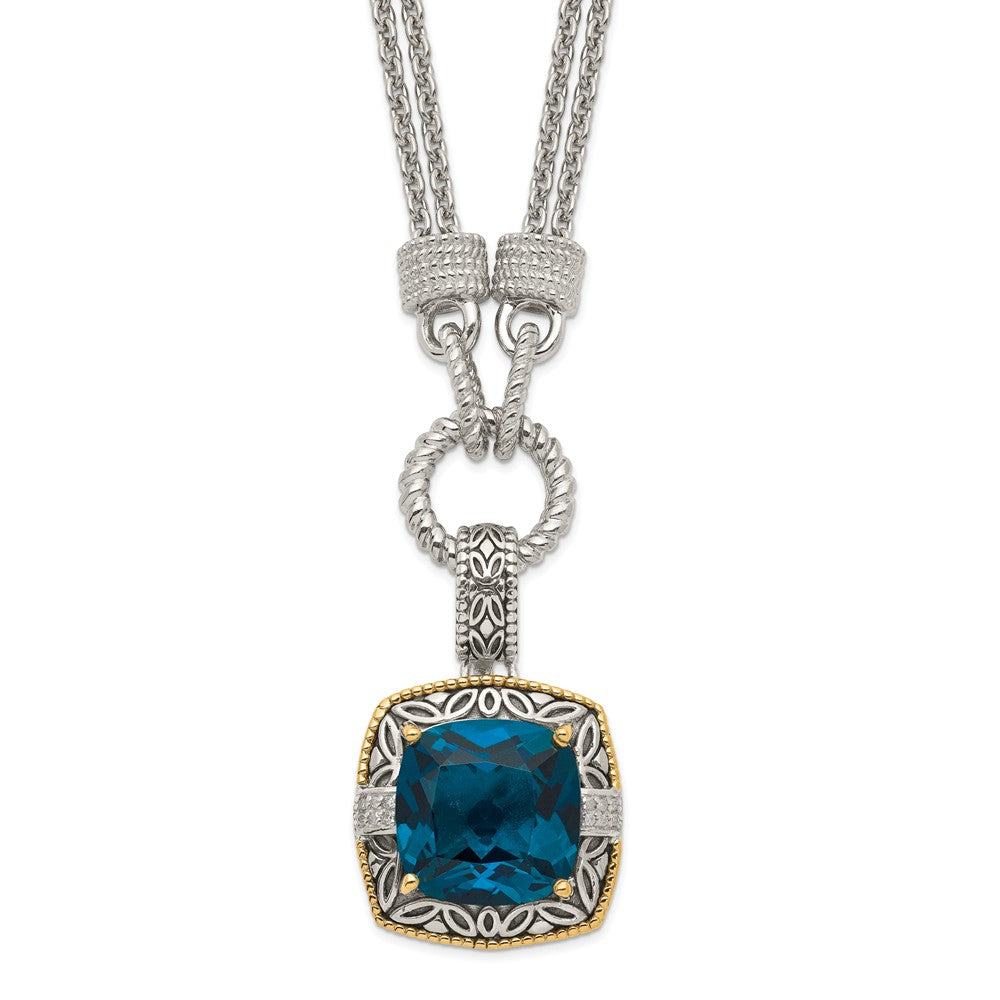 Sterling Silver Antique w/14k London Bl Topaz/Diamond 1in Ext Necklace