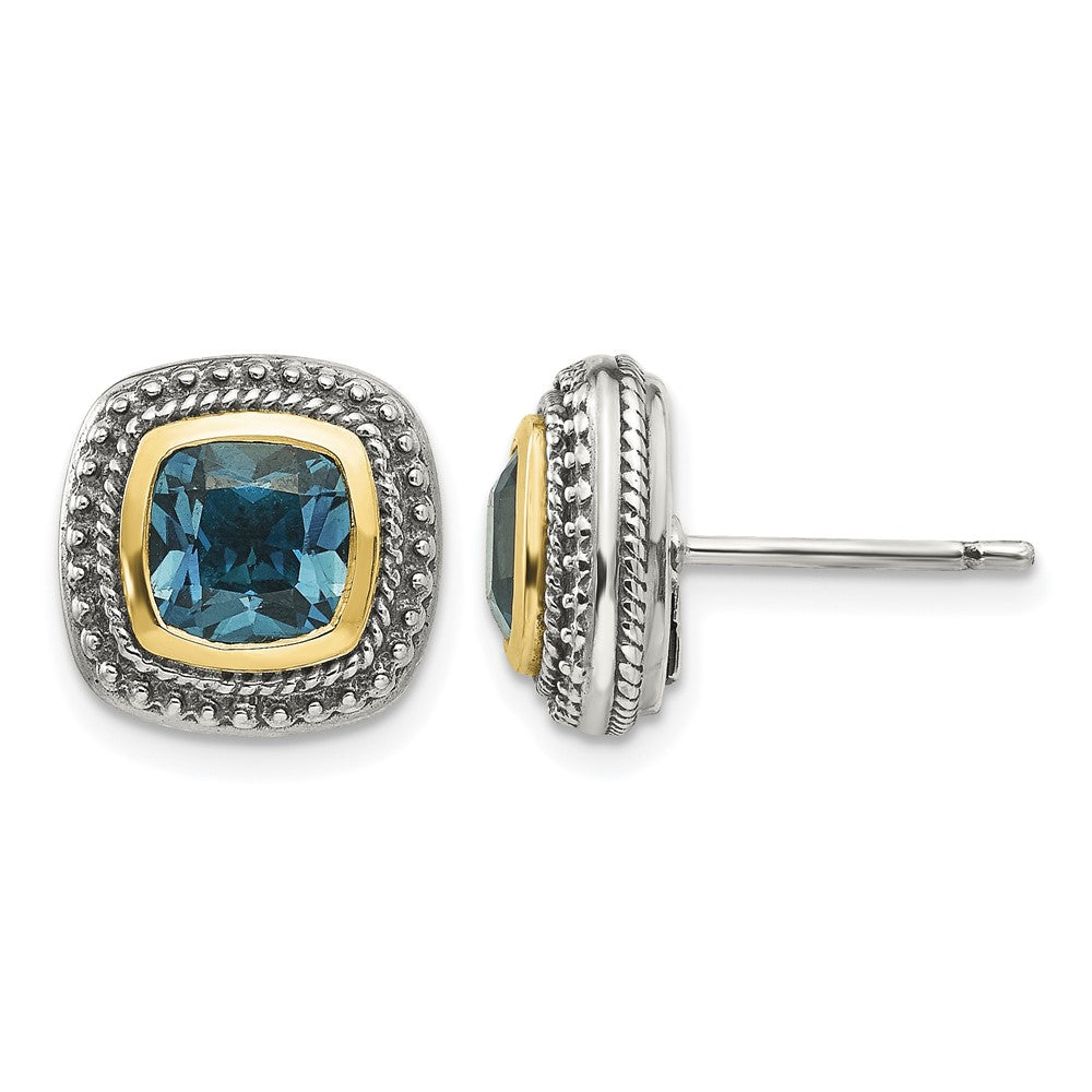 Sterling Silver Antiqued w/14k London Blue Topaz Post Earrings