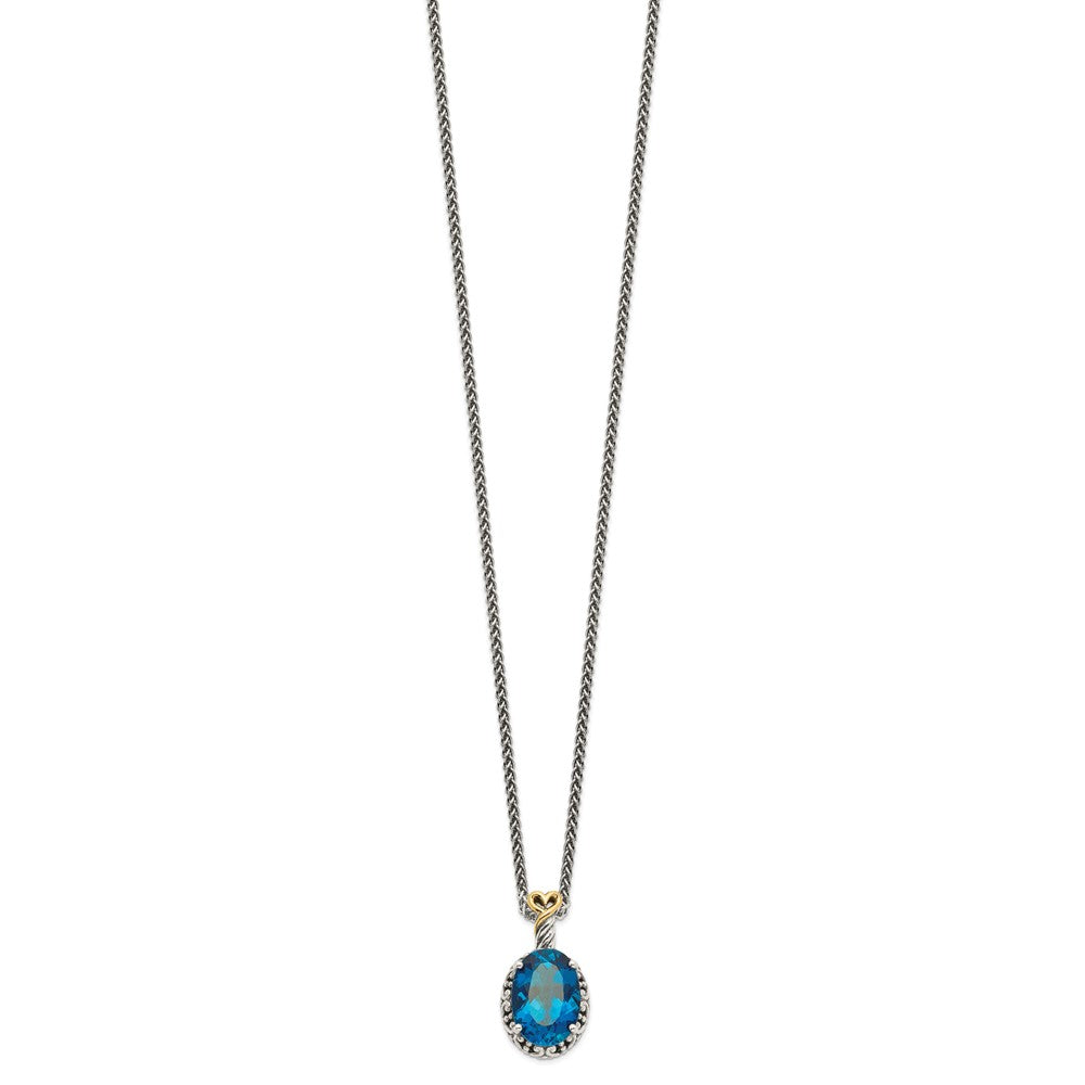 Sterling Silver Antiqued w/14ky London Blue Topaz Oval Necklace