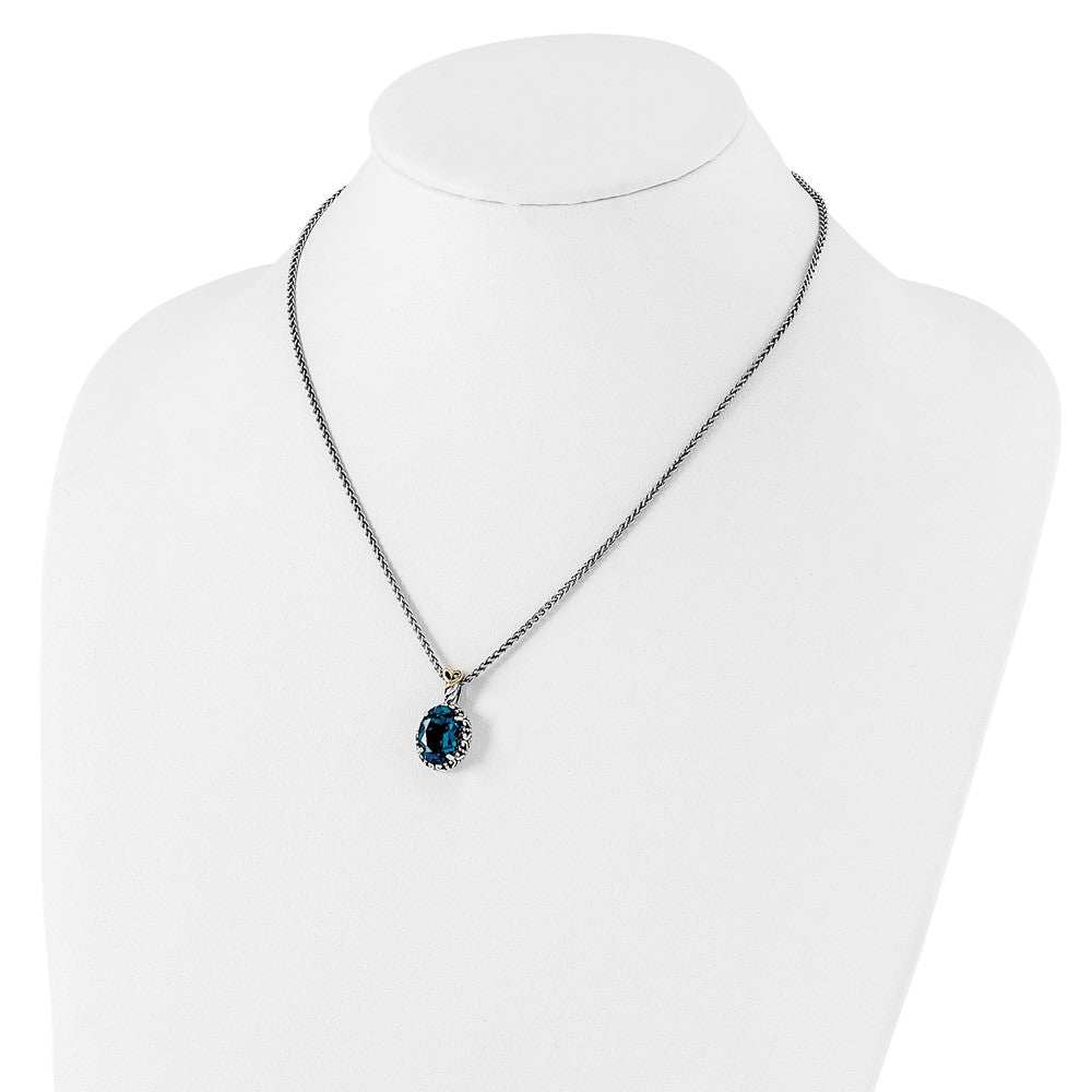 Sterling Silver Antiqued w/14ky London Blue Topaz Oval Necklace