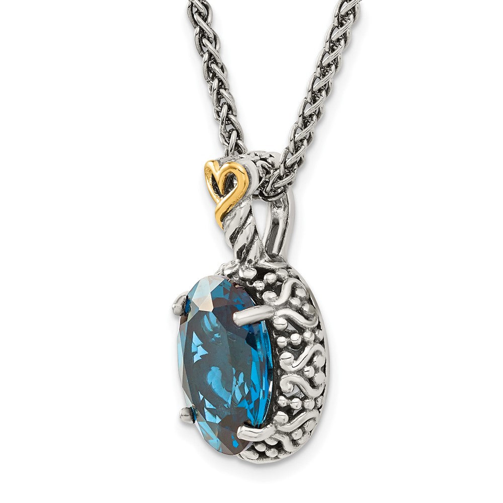 Sterling Silver Antiqued w/14ky London Blue Topaz Oval Necklace