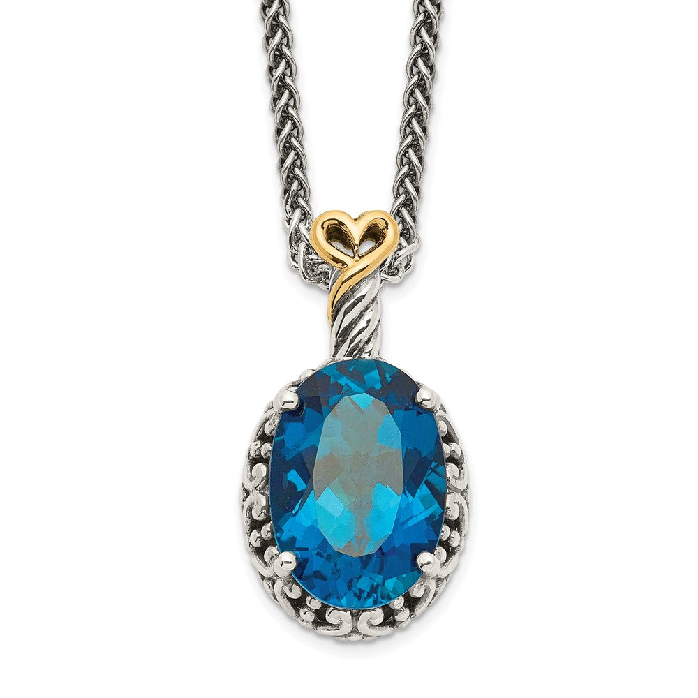 Sterling Silver Antiqued w/14ky London Blue Topaz Oval Necklace
