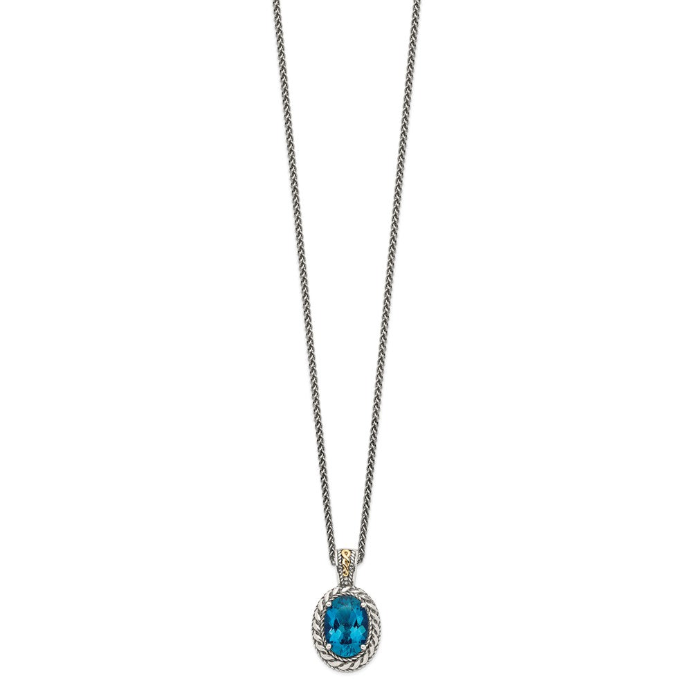 Sterling Silver Antiqued w/14k London Blue Topaz Hinged Bail Necklace