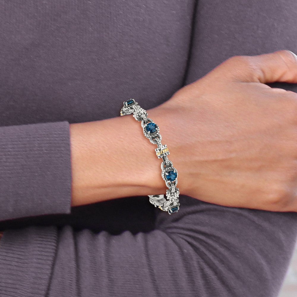 Sterling Silver Antiqued w/14k London Blue Topaz Bracelet