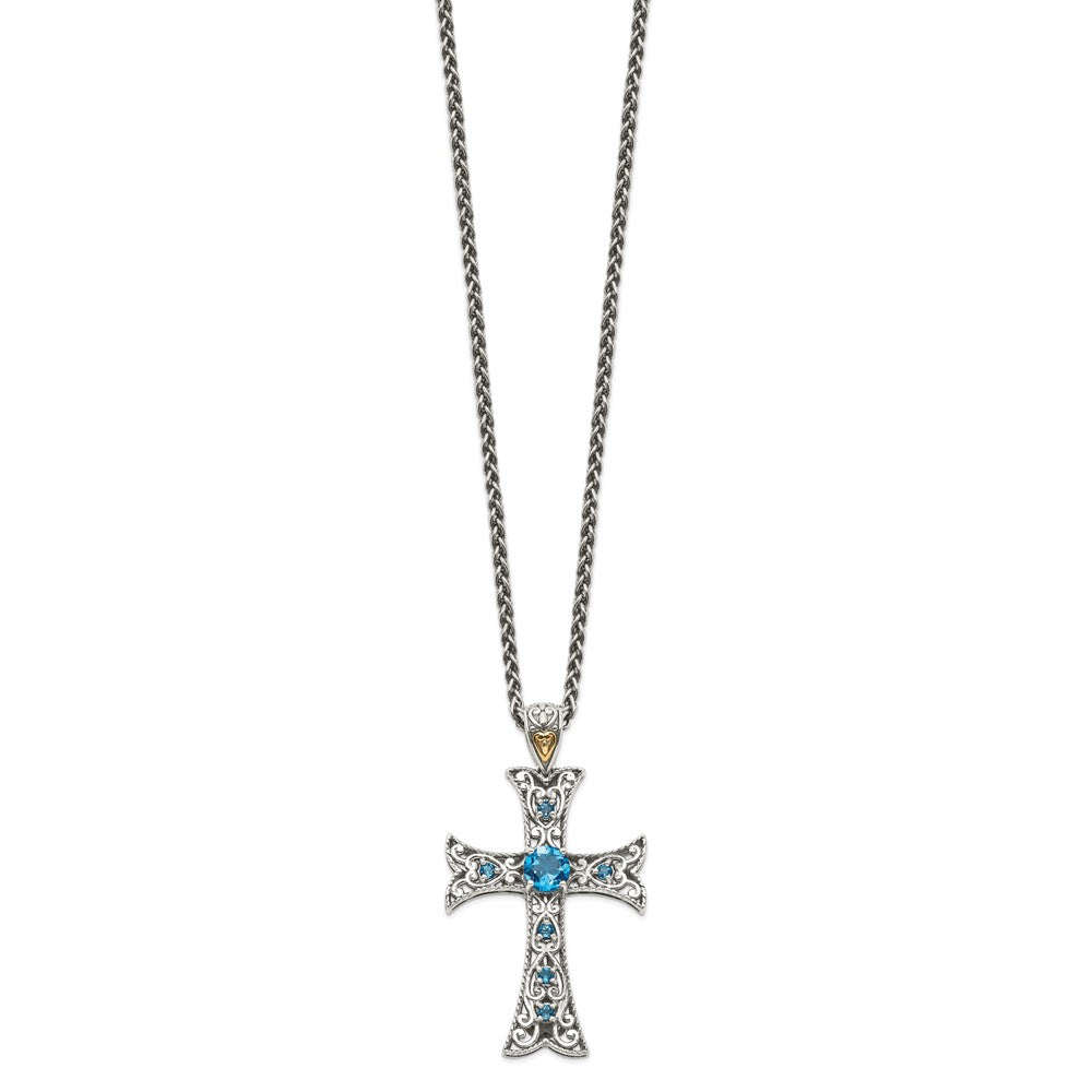 Sterling Silver w/14k London Blue Topaz Cross Necklace