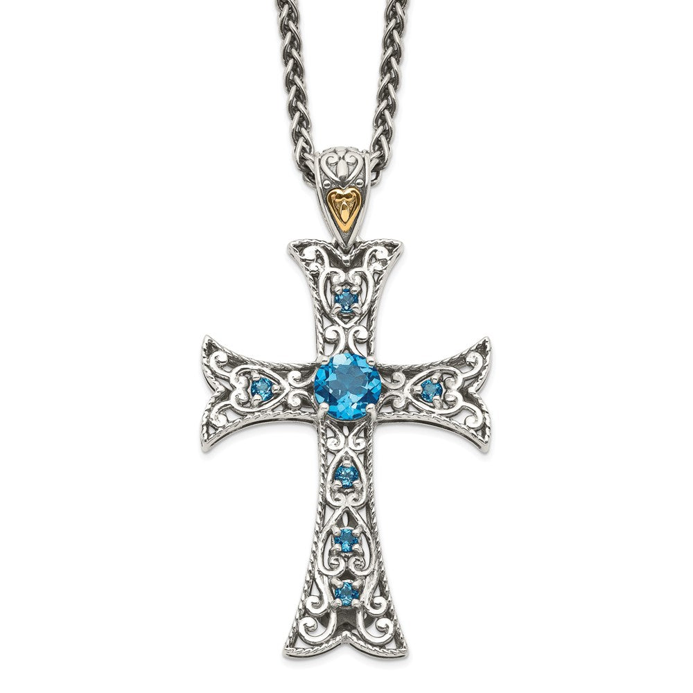 Sterling Silver w/14k London Blue Topaz Cross Necklace