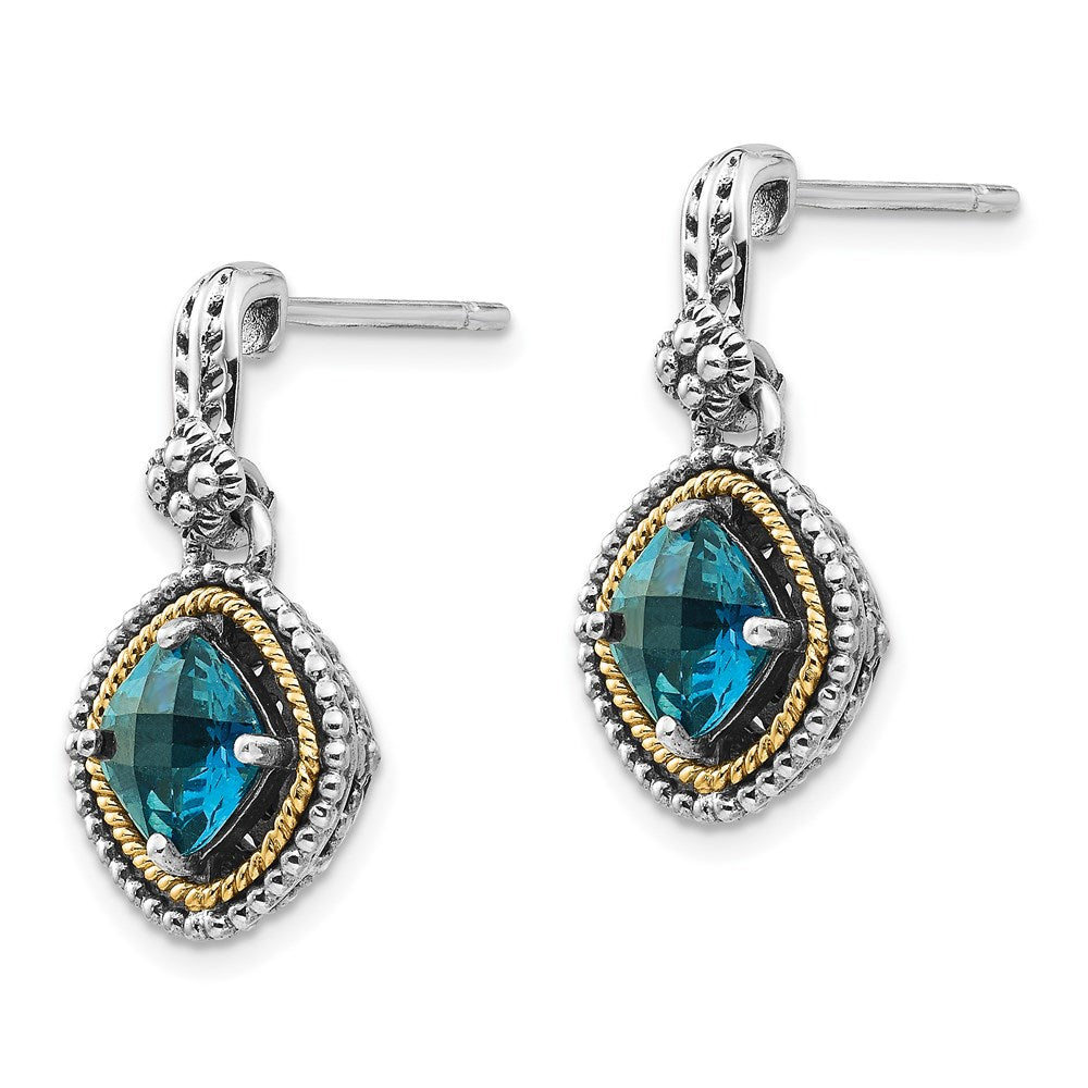Sterling Silver Antiqued w/14k London Blue Topaz Post Earrings