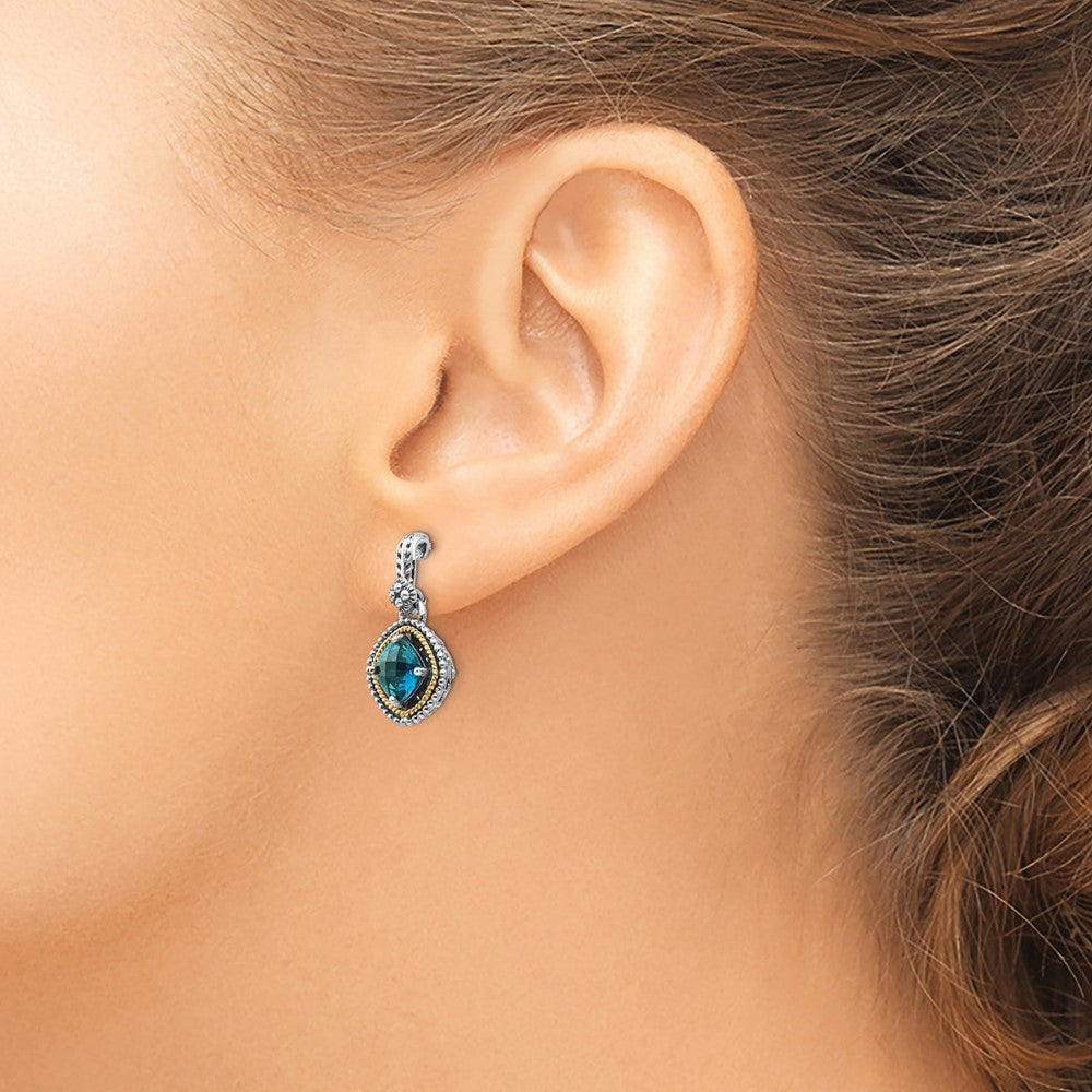 Sterling Silver Antiqued w/14k London Blue Topaz Post Earrings