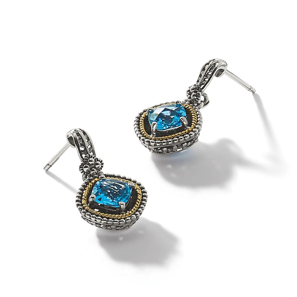 Sterling Silver Antiqued w/14k London Blue Topaz Post Earrings