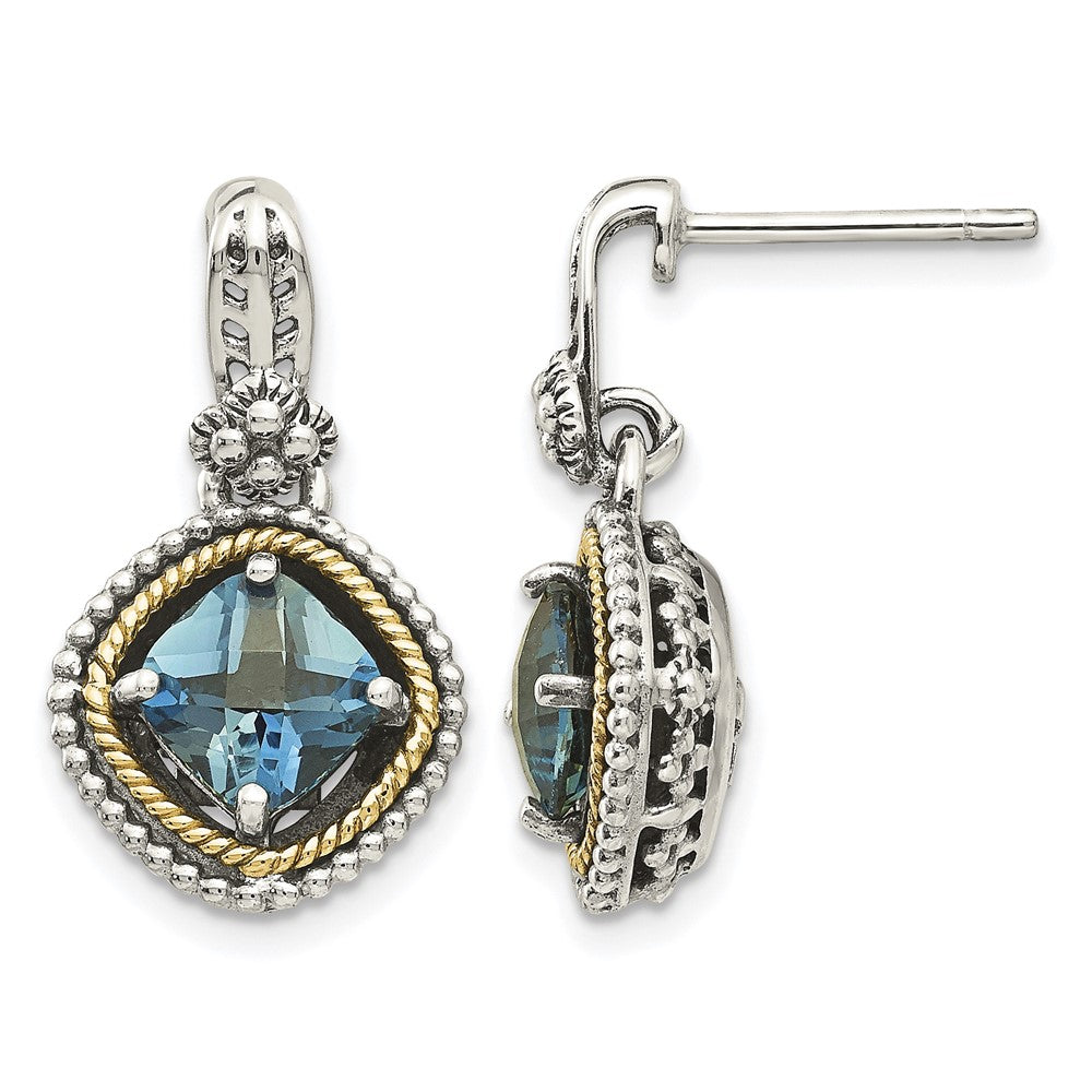 Sterling Silver Antiqued w/14k London Blue Topaz Post Earrings