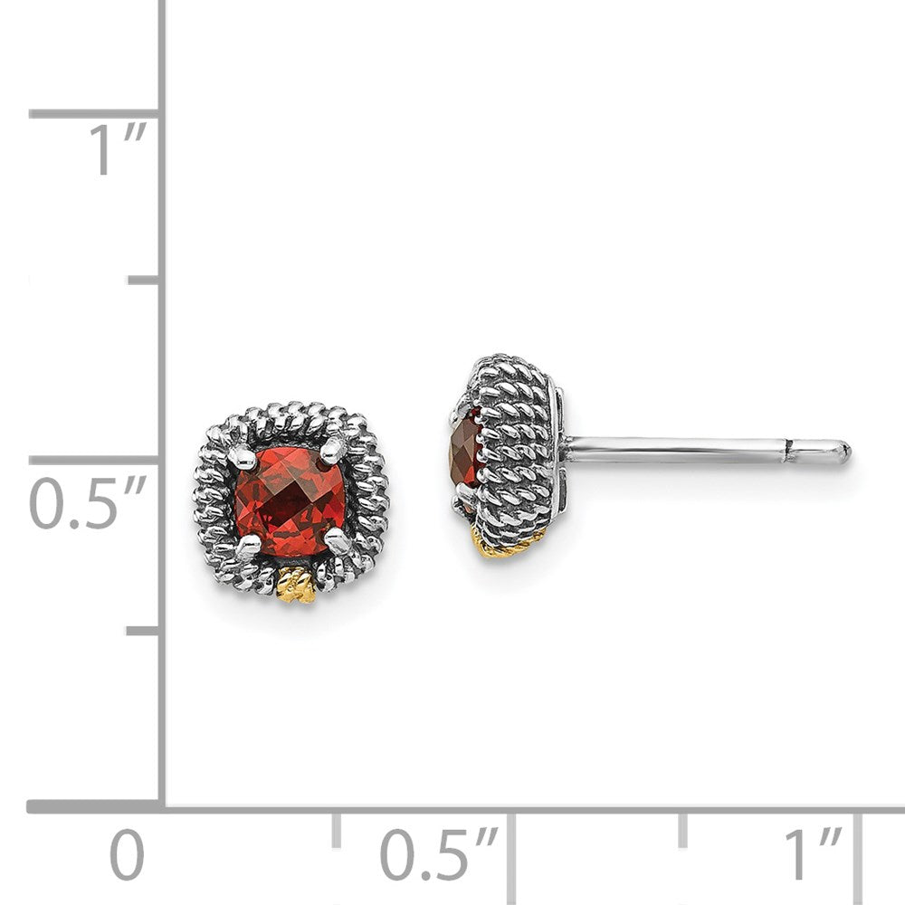 Sterling Silver Antiqued w/14k Square Cushion Garnet Post Earrings