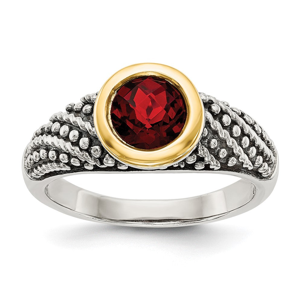 Sterling Silver Antiqued w/14k Garnet Ring