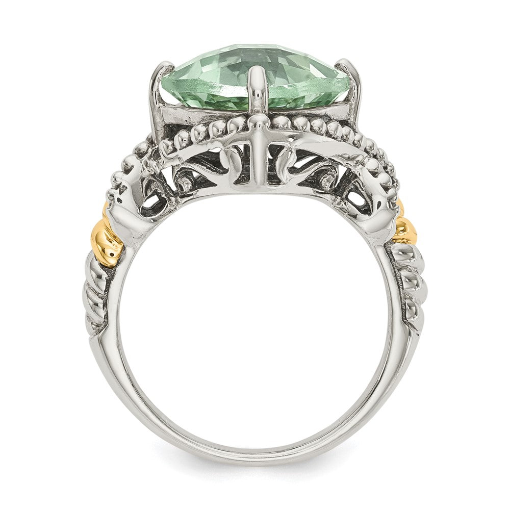 Sterling Silver Antiqued w/14ky Green Quartz Cushion Ring