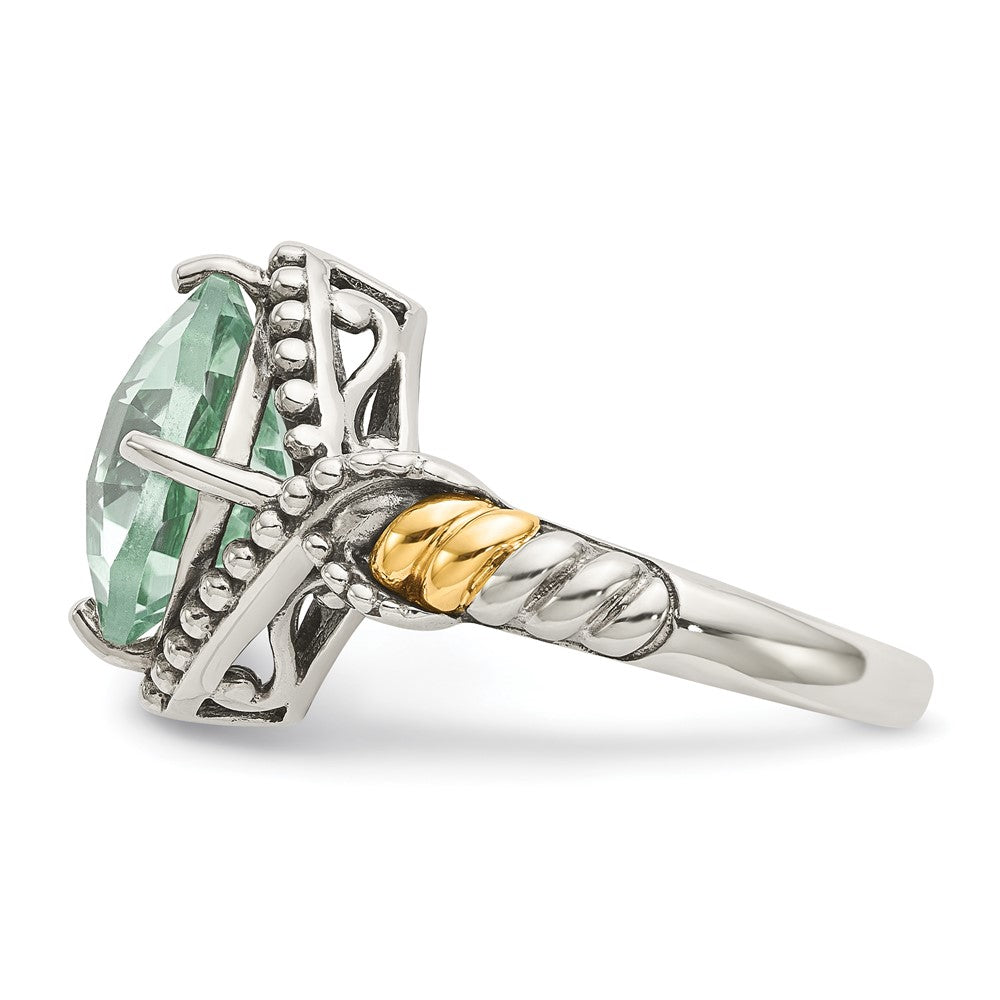 Sterling Silver Antiqued w/14ky Green Quartz Cushion Ring