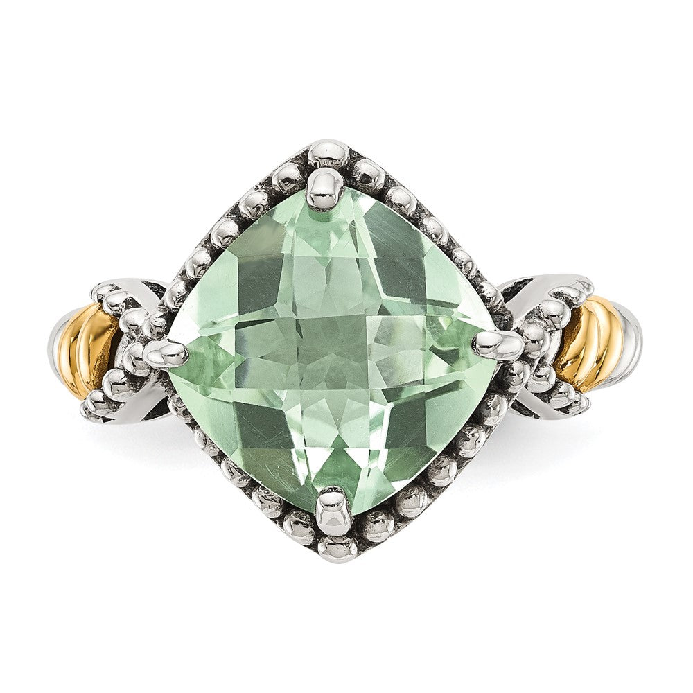 Sterling Silver Antiqued w/14ky Green Quartz Cushion Ring