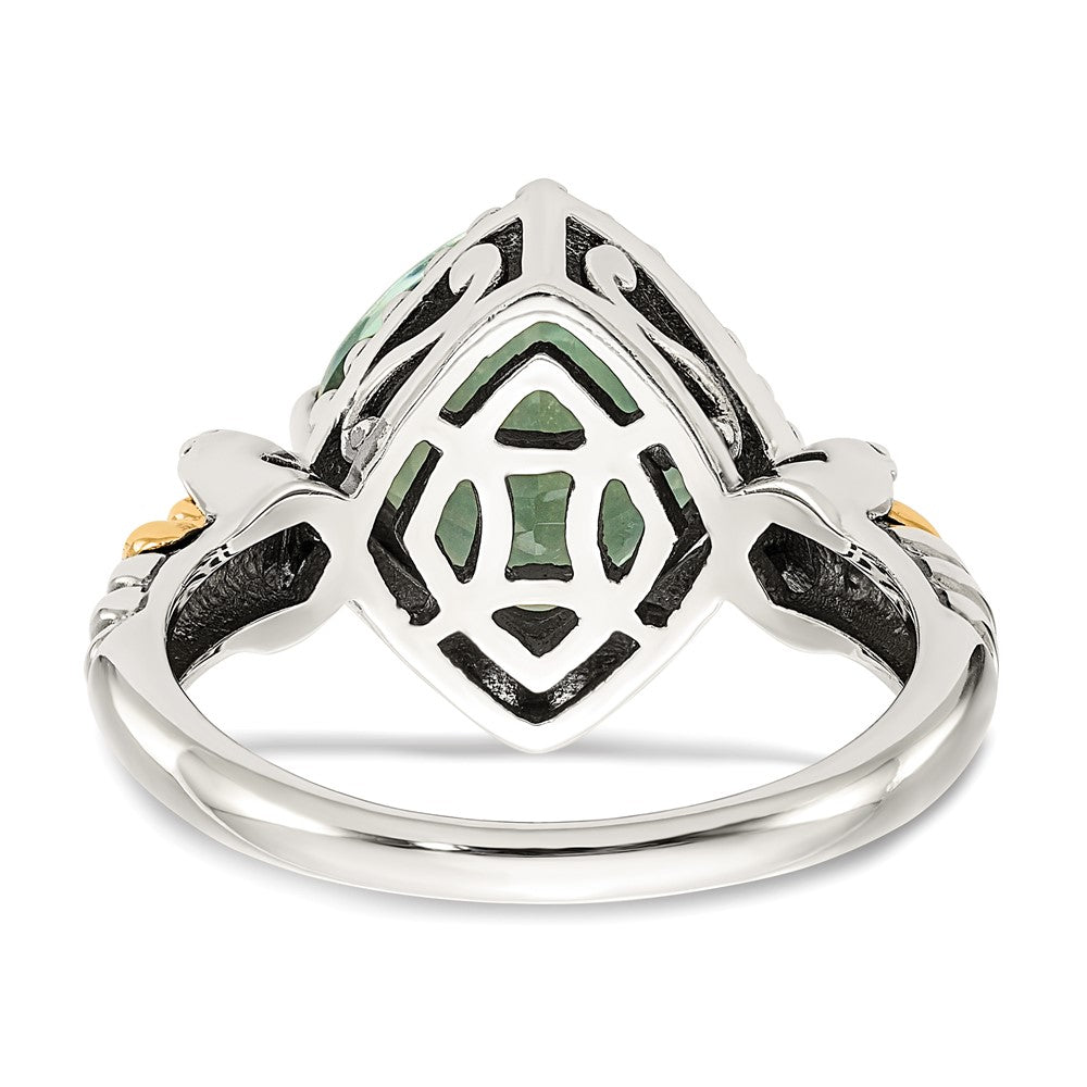 Sterling Silver Antiqued w/14ky Green Quartz Cushion Ring
