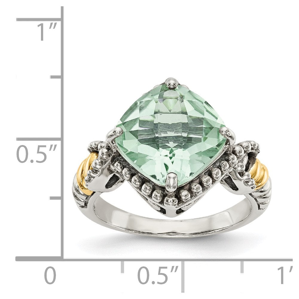Sterling Silver Antiqued w/14ky Green Quartz Cushion Ring