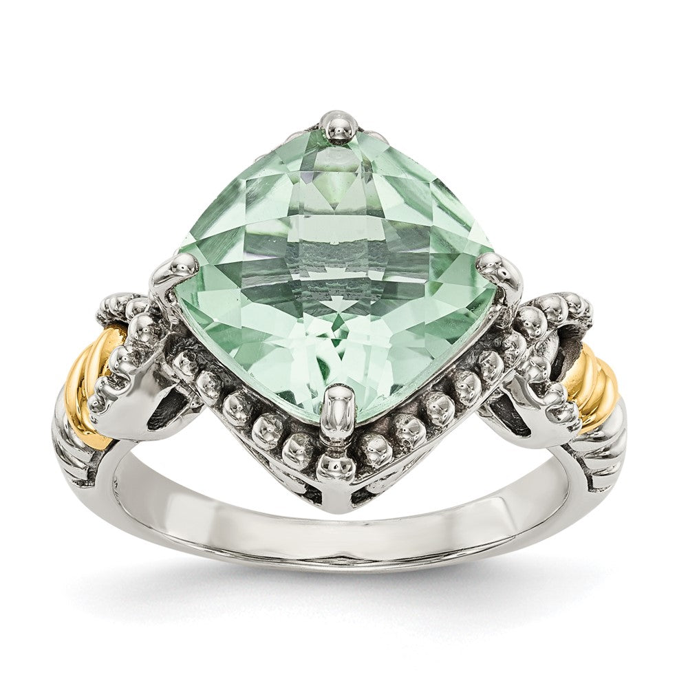 Sterling Silver Antiqued w/14ky Green Quartz Cushion Ring