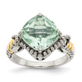 Sterling Silver Antiqued w/14ky Green Quartz Cushion Ring