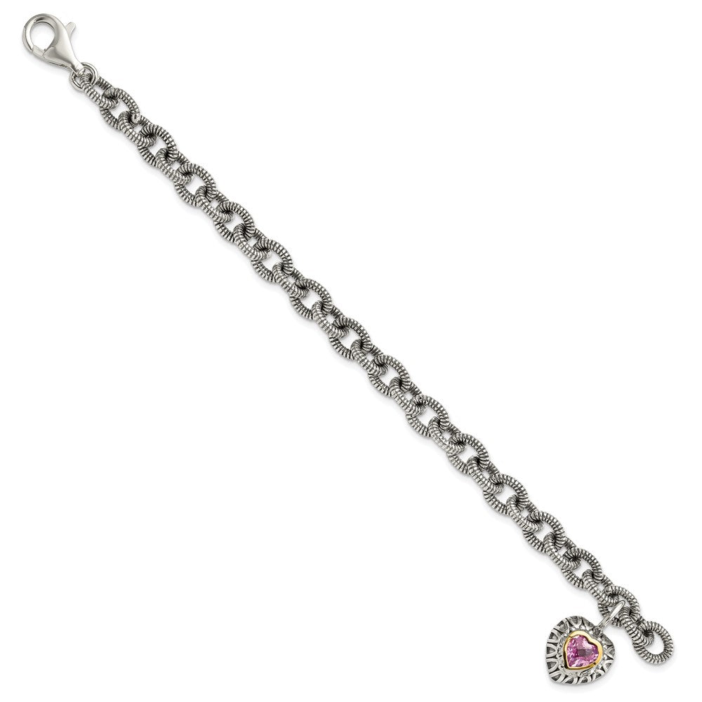 Sterling Silver Antiqued w/14k Created Pink Sapphire Heart Bracelet