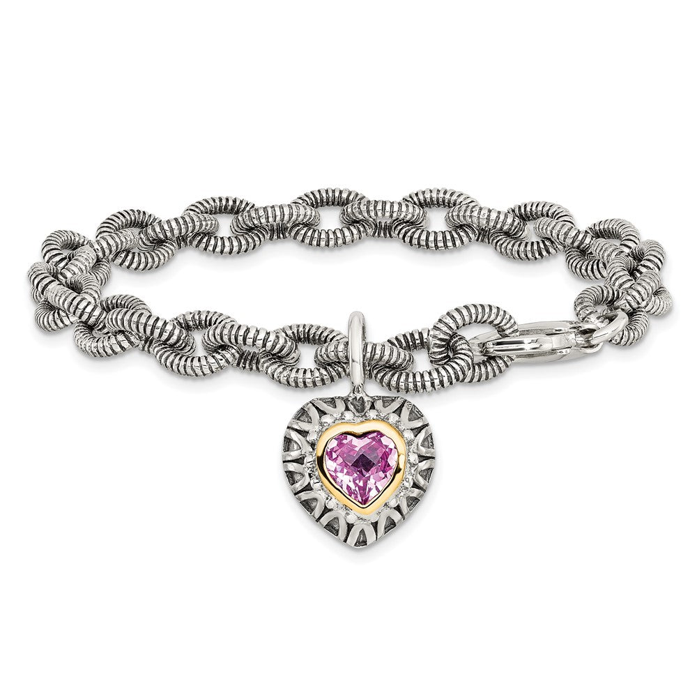 Sterling Silver Antiqued w/14k Created Pink Sapphire Heart Bracelet