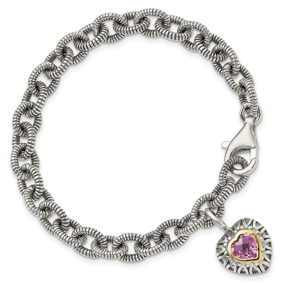 Sterling Silver Antiqued w/14k Created Pink Sapphire Heart Bracelet