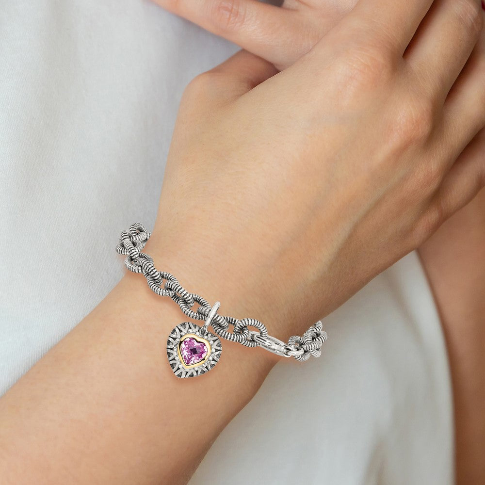 Sterling Silver Antiqued w/14k Created Pink Sapphire Heart Bracelet